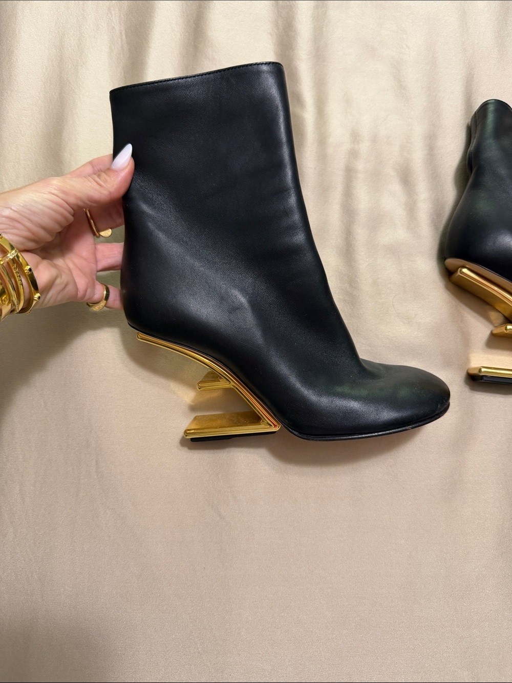 Fendi Black Leather Ankle Boots with Gold Sculptural Heel